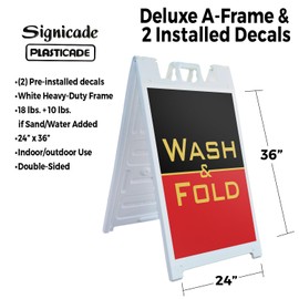 Wash and Fold 24" x 36" Double Sided A-Frame Sidewalk Sign Includes 2 Installed Decals Foldable Portable White Signicade Sandwich Board Laundry Services Reliable Solutions Clear Display Made in USA