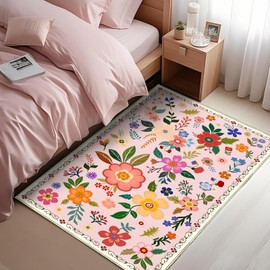Youime 2x3 Feet Floral Area Rug Non-Slip Low Pile Soft Washable Pink Rug for Girls' Rooms, Bedroom, Entryway, Kitchen, Dorm – Lightweight Easy Clean Modern Decorative Carpet