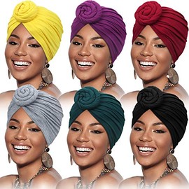 SATINIOR 6 Pieces Women African Turban Flower Knot Pre-Tied Bonnet Beanie Cap Headwrap (Yellow, Green, Purple, Black, Gray, Wine Red)
