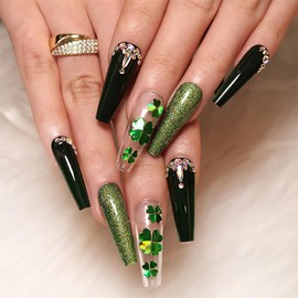 Lucky Clover Press on Nails Long Coffin St. Patrick's Day Fake Nails with Green Glitter Shamrock Design Rhinestone Charms False Nails St Patricks Day Glue on Nails Clover Stick on Nails for Women Girl
