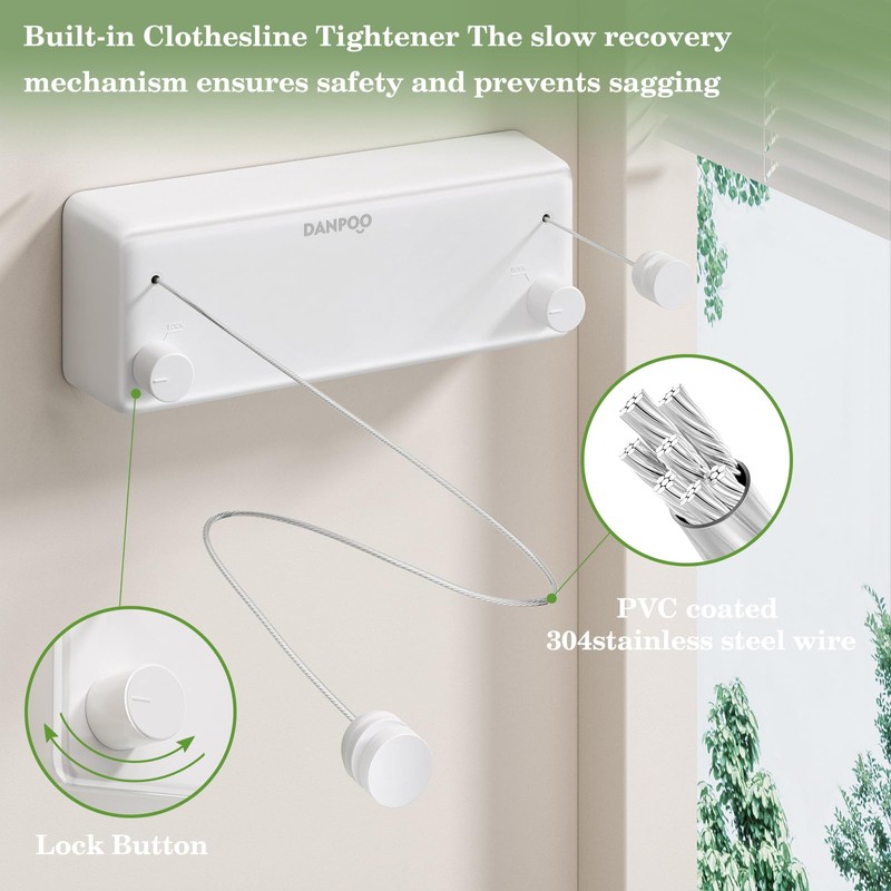 Danpoo Retractable Clothesline, 2x13.8ft Stainless Steel Clothes Line for Indoors/Outdoors,