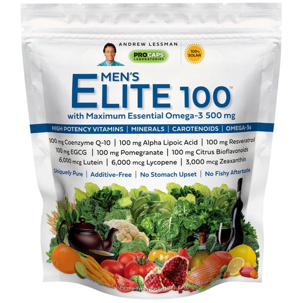 ANDREW LESSMAN Multivitamin - Men's Elite-100 with Maximum Essential Omega-3 500 mg 30 Packets – 40+ Potent Nutrients, Essential Vitamins, Minerals, Phytonutrients and Carotenoids. No Additives