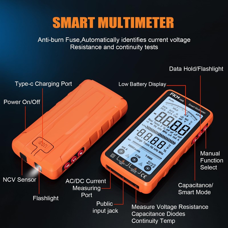 FKM Digital Multimeter Tester Auto-Ranging TRMS 6000 Counts Smart Rechargeable