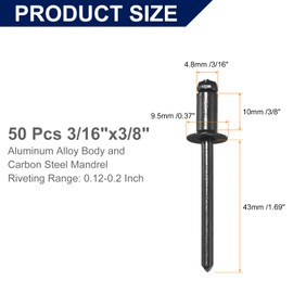 uxcell 50Pcs 3/16" x3/8" Aluminum Blind Rivets, Aluminum Grip and Steel Mandrel, Countersunk Head Long Split Rivets for Metal, Furniture, Automotive, Black