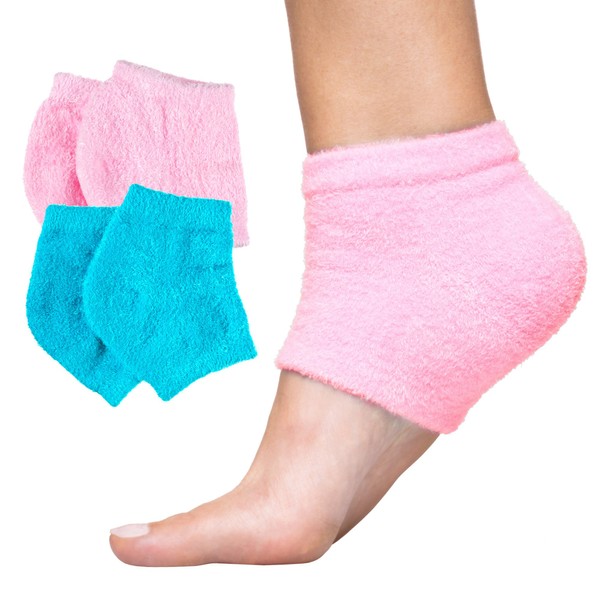 ZenToes Moisturizing Heel Socks 2 Pairs Gel Lined Toeless Spa Socks to Heal and Treat Dry, Cracked Heels While You Sleep (Regular, Fuzzy Blue/Pink)