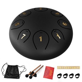 Steel Tongue Drum 6 Inch 8 Notes, Tongue Drum C major, Hang Drum Instrument, Handpan Drum for Kids, Ethereal Drum for Rain Meditation Yoga Musical Education, Black