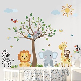decalmile Jungle Animals Wall Decals Monkey Tree Elephant Lion Giraffe Wall Stickers Baby Nursery Kids Room Living Room Wall Decor