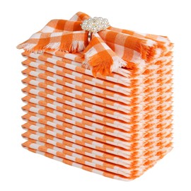 Handmade Fall Cloth Napkins Set of 12, 100% Cotton Cloth Napkin with Fringe 17X17 Inches, Orange Buffalo Check Napkins for Thanksgiving Autumn Monthes Decor