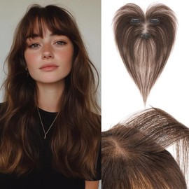 Benehair Real Hair Topper for Women, 100% Real Hair Clip-In Topper, 11 Inch Real Hair Toppers with Bange, Human Hair Top Hat T Lace Base, Mocha Brown Toppers for with Thin #2R