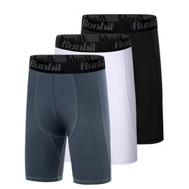 Runhit 3 Pack Youth Boys' Compression Shorts,Boys Performance Athletic Base Layers Underwear Sports Shorts Black+White+Gray M