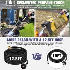 Propane Torch Weed Burner Kit,High Output with 12.5FT Hose,Heavy Duty Blow Torch Flamethrower with Long/Short Mode for Flame Weeding,Roofing,Ice Snow Melting,Road Marking,BBQ