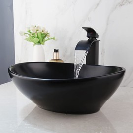 Washly Oval Bathroom Vessel Sink Ceramics Deck Mounted Washing Bowl Waterfall Faucet Mixer Brass Tap Set