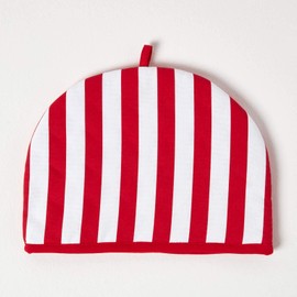 HOMESCAPES Double Design Tea Cosy Thick Stripes Red Muff Teapot Warmer 100% Cotton