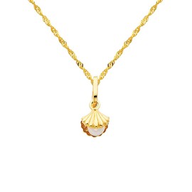 14k REAL Yellow Gold Shell with Freshwater Cultured Pearl Pendant with 1.2mm Singapore Chain Necklace - 16"