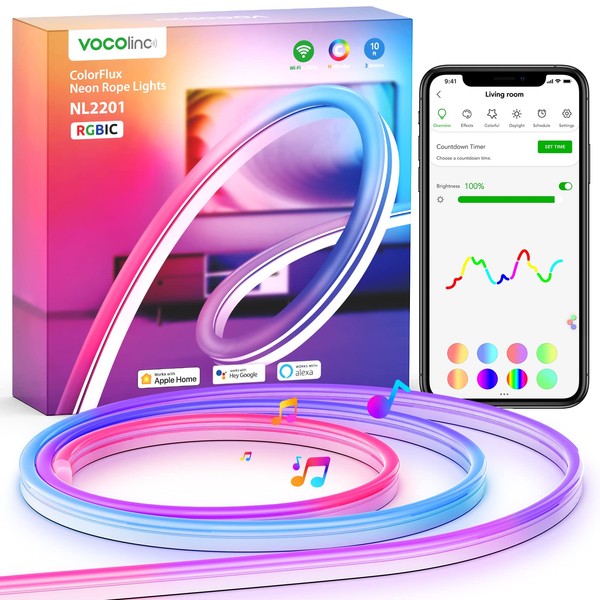 VOCOlinc Neon LED Strip 3 m, RGBIC Strip Works with Apple HomeKit, Alexa and Google, with App Control, DIY Function, Music Sync, Light Strip for Bedroom, Living Room, Wall Decoration