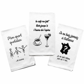 Set of 3 Kitchen Tea Towels 100% Cotton White and Black Original Humorous Tea Towels, 3 x Cloths, Towels, Hand Towels, Christmas Gifts, Cream, Mother's Day, Father's Day