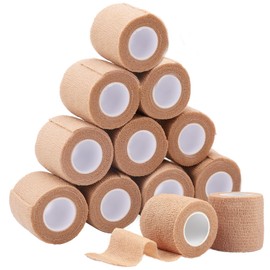 LotFancy Self Adhesive Bandage Wrap, 12 Pack, 2" x 5 Yards Non Woven Medical Tape, First Aid Tape for Athletic Wrist Ankle Sprains Swelling, Tan Color