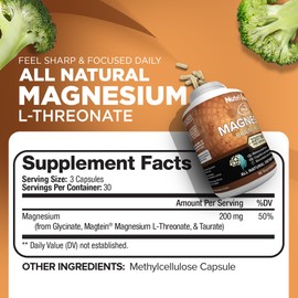 Nutrivein Magnesium L-Threonate (Magtein) 2207mg - Boosts Brain Health, Memory & Focus, Sleep & Recovery, Reduces Fatigue - 30 Day Supply (90 Capsules, Three Daily)