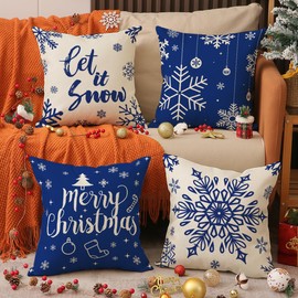 Ameyahud Merry Christmas Throw Pillow Covers Winter Holiday Snowflake Xmas Throw Pillow Covers 18 x 18 Inches Set of 4 Blue and White Cushion Case for Home Couch