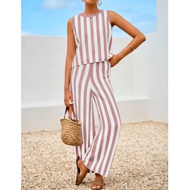 ZESICA Women's Summer Two Piece Outfits Crop Tank Tops and Wide Leg Pants Striped Lounge Travel Sets Casual Tracksuits,Dusty Pink,Medium