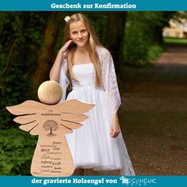 Geschenkissimo Wooden Angel for Confirmation with Engraving Jesus, Satisfaction, Happiness, Faith, Angel Figurine Made of Wood, Approx. 15 x 14 x 2.5 cm, Decoration of Godparents, Family and Friends
