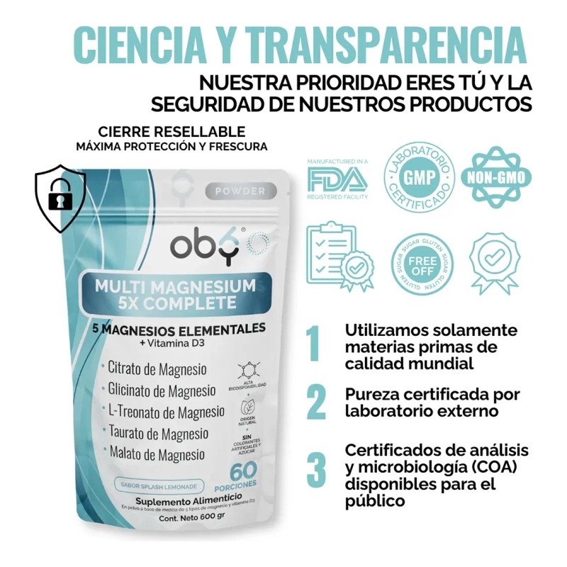 Oby Magnesio Complex Polvo Citrato Glicinato Treonato Taurato Malato Oxido