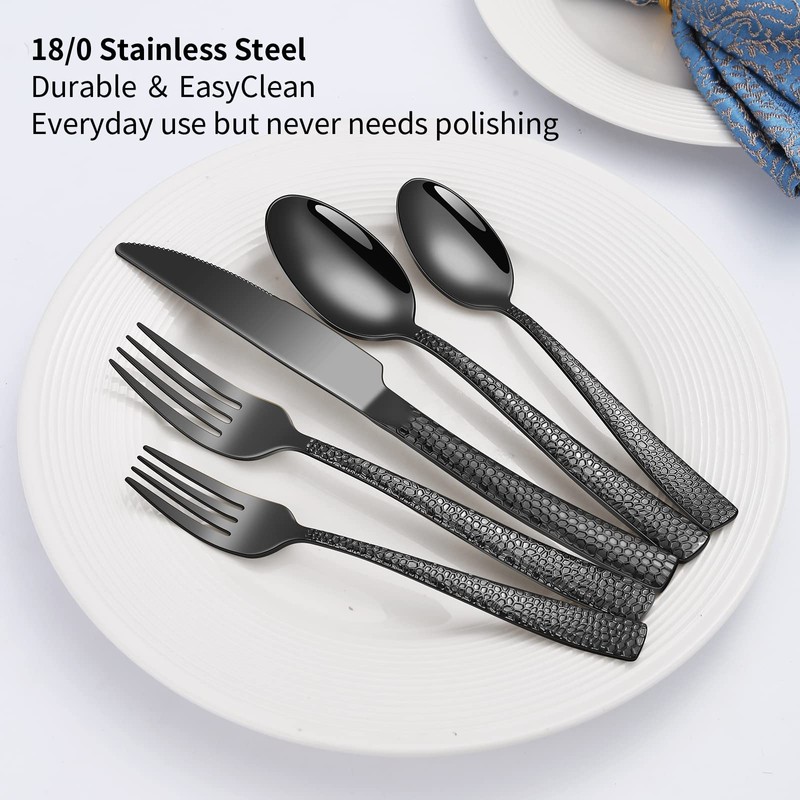 Remoxye 40-Piece Silverware Set, Black Hammered Stainless Steel Flatware Sets