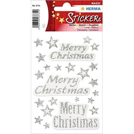HERMA 3731 Aufkleber Merry Christmas Glitzer klein groß, 24 Stück, Weihnachten Sticker mit Sterne Motiv, Kinder Etiketten für Weihnachtsdeko Geschenke Adventskalender Winter Dekoration Briefe Basteln