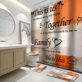 Lnond 4Pcs Bathroom Shower Curtain Sets with Rugs, Orange Motivational Home Family Bathroom Sets with Shower Curtain and Rugs and Accessories