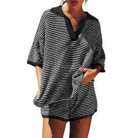 Tankaneo Womens Sweater Set 2 Piece Outfits Oversized 3/4 Sleeve V Neck Knit Tops High Waisted Shorts Lounge Sets