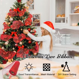 JKJG Christmas Tree Ribbon, Christmas Mesh Ribbon Wired Ribbon Christmas Ribbon for Christmas Tree Decorations Outdoor Indoor Ornaments (26cm×10feet) (Red)