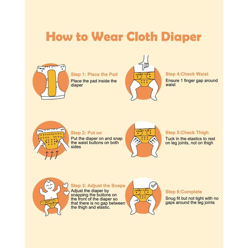 Reusable Cloth Diapers 6 Pack with 6 Inserts & Wet