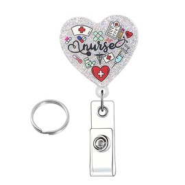 Badge Reel Holder Retractable with Swivel Alligator ID Clip, Funny Glitter Name Tag Card Badge Reel for Nurse Nursing Work Teacher Doctor RN LPN CNA Medical Assistant Office (Heart-White)