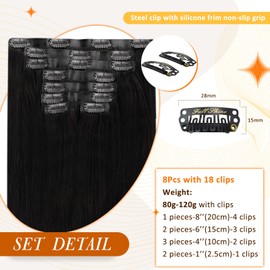 Full Shine Clip in Hair Extensions Human Hair Straight 20 Inch Jet Black Clip in Hair Extensions PU Weft for Long Black Hair Extensions Clip in Human Hair Soft Straight 8Pcs 105 Grams