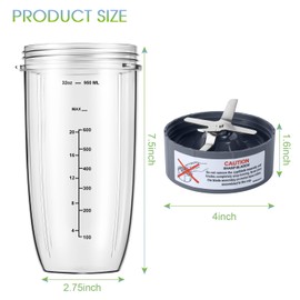 4-Piece Blender Cup and Blade Replacement Parts 32oz Cup and Extractor Blade and 2 Rubber Gaskets Compatible with NutriBullet High-Speed Blender/Mixer System 600W/900W Series