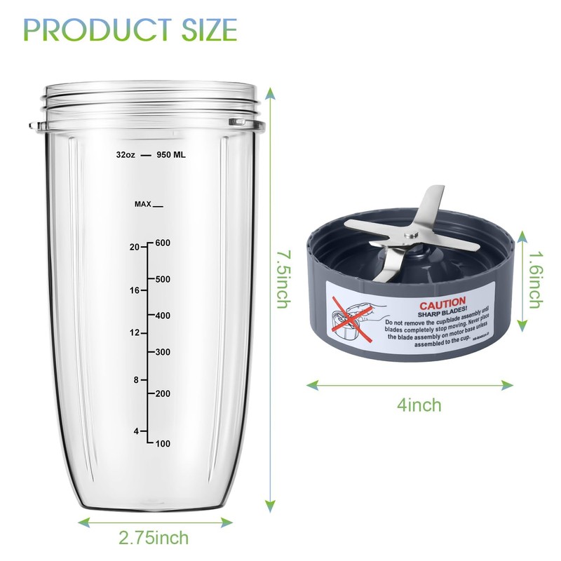 4-Piece Blender Cup and Blade Replacement Parts 32oz Cup and