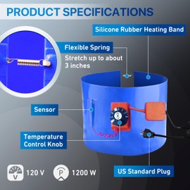 Upgraded Blue 55 Gallon Drum Heater with Twist Temperature Control, YeloDeer 120V 1200 Watt Barrel Heater Band for Grease Keg Heater Operates in 86 ℉-302 ℉, Metal Drum Pail Heaters for Honey Drum