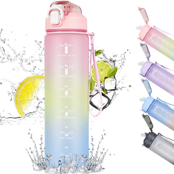 CodiCile Motivational water bottle,1L Sports Water Bottle with Straw x2