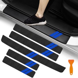 YOSRTER Leather Door Sill Protector Stickers, Carbon Fiber Texture, Universal Fit to Dodge Cars, 4PCS, Bule Trim