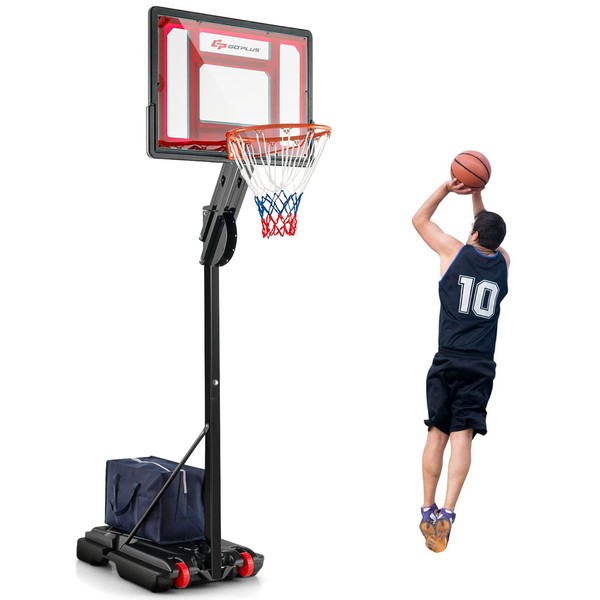 Goplus Portable Basketball Hoop Outdoor, 5FT-10FT Height Adjustable Basketball Stand System with Shatterproof Backboard, Weighted Bag, Indoor Outside Court Basketball Goal for Kids Youth