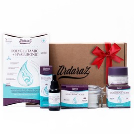 Skincare Kit gegen Falten mit reiner Hyaluronsäure und Polyglutaminsäure. Originelles Geschenkset für Frauen mit Peeling-Pads, Serum, Creme, 5 Masken
