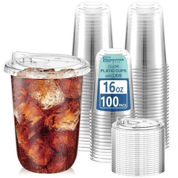 Homestockplus Homestockplus 16 oz Clear Plastic Cups with Lids (100