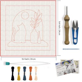 FREEBLOSS Punch Needle Kits Starter Embroidery Set Punch Needle Rug Kit with English Instructions for Adults Beginners Craft Lovers with Printed Cat and Windowsill Pattern 24x24cm/9.4x9.4inch
