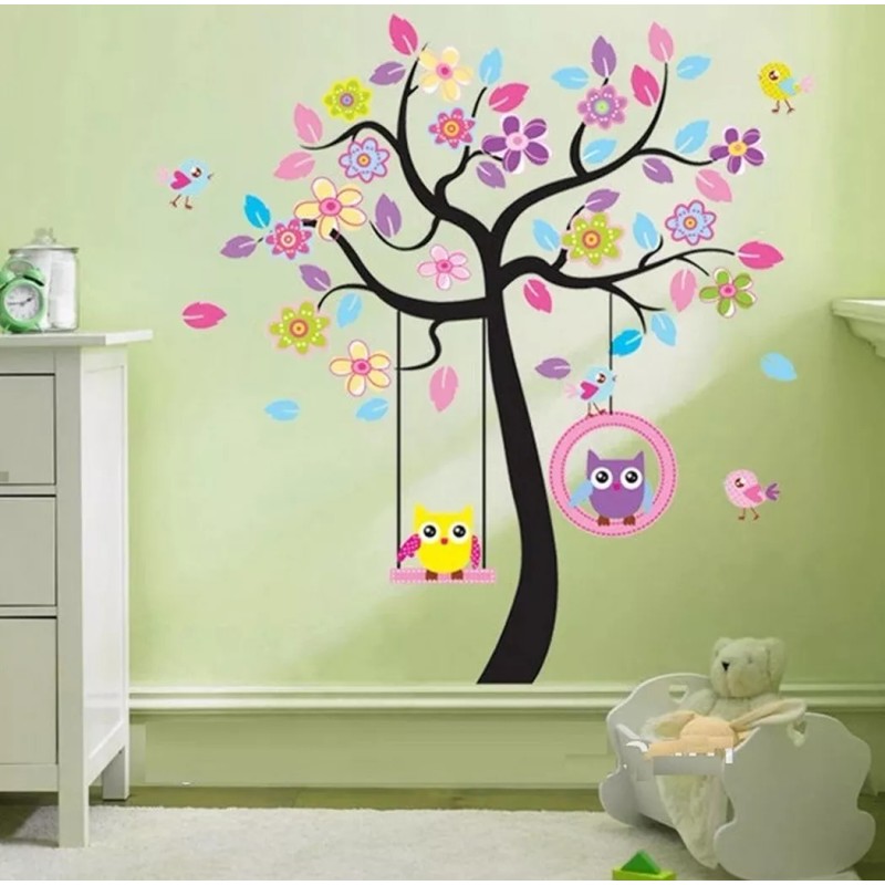 DaraBaby Vinil Decorativo Infantil Árbol Búhos Columpio Sala Cuarto