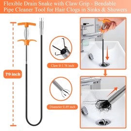 79 Inch Drain Snake Hair Drain Clog Remover Tool, Flexible Sink Snake Drain Cleaner Tool Set, Plumbing Snake for Toilet Sewer Shower Kitchen Bathroom Tub Clogged Hair Removal Cleaning Tool Set