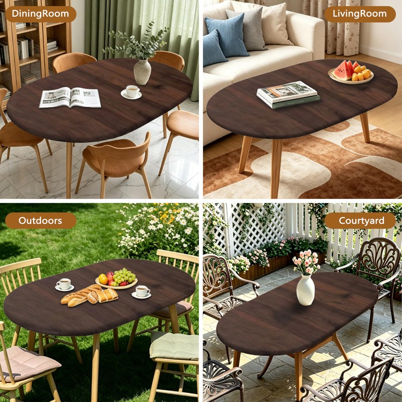 Wood Grain Fitted Oval Tablecloth, Elastic Edge Design, Polyester Material,