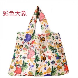 Imported Cute Character Pattern Foldable Tote Shopper Bag with Portable Mini Pouch R38 58*42+26cm/Colorful Elephant 20ea