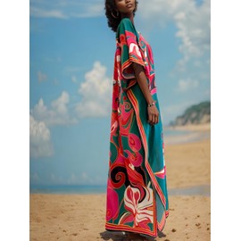 Cashew Flower Silk Caftan Women Vneck beach Cover up Caftans Loose Plus Size Floral Print Side Split Kaftan Dresses (B5 Green, X-Large)