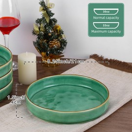LIANYU 33oz Pasta Bowls, 8.25’’ Wide Shallow Salad Plates Set of 4, Stoneware Ceramic Dinner Serving Bowls for Cereal, Fruit, Soup, Microwave & Dishwasher Safe, Emerald Green