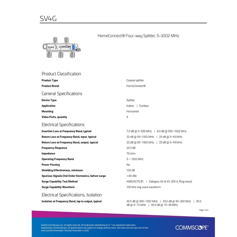 Commscope SV-4G Coaxial 5-1000Mhz 4-Way Splitter - 50 Pack